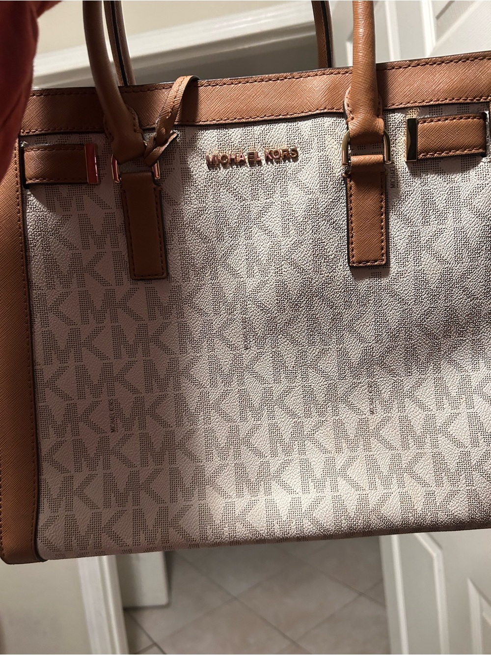 Michael Kors Neutral Logo Satchel with Brown Trim